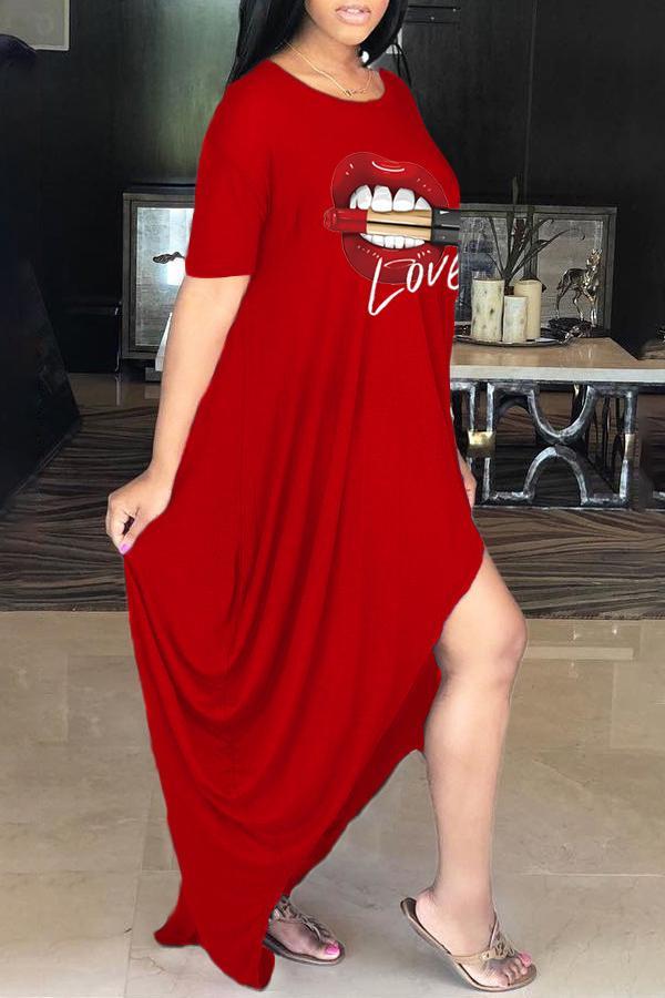 Fashion Casual Lip Print Slit Maxi Dress