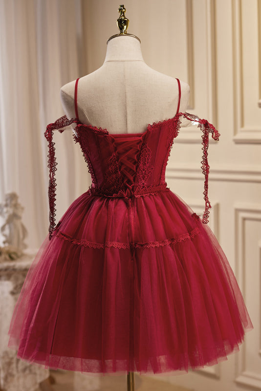 Rebecca Burgundy A-Line V-Neck Tulle Homecoming Dress