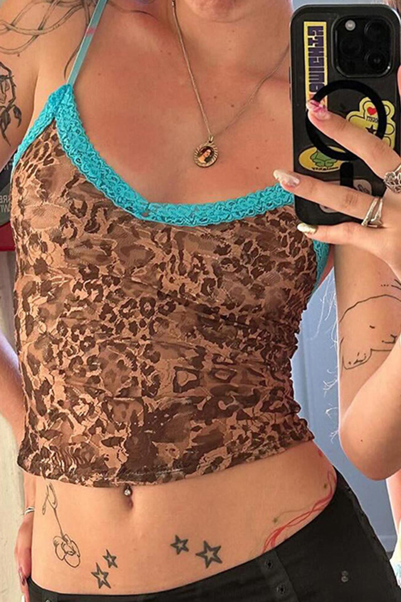 Lace Contrast Leopard Print Cami Top