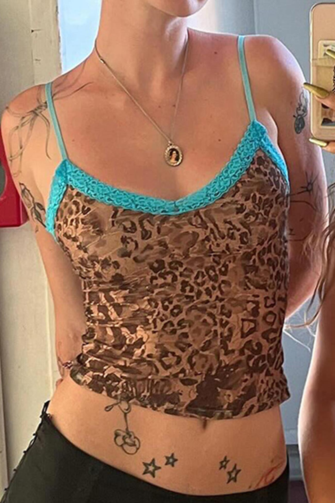 Lace Contrast Leopard Print Cami Top