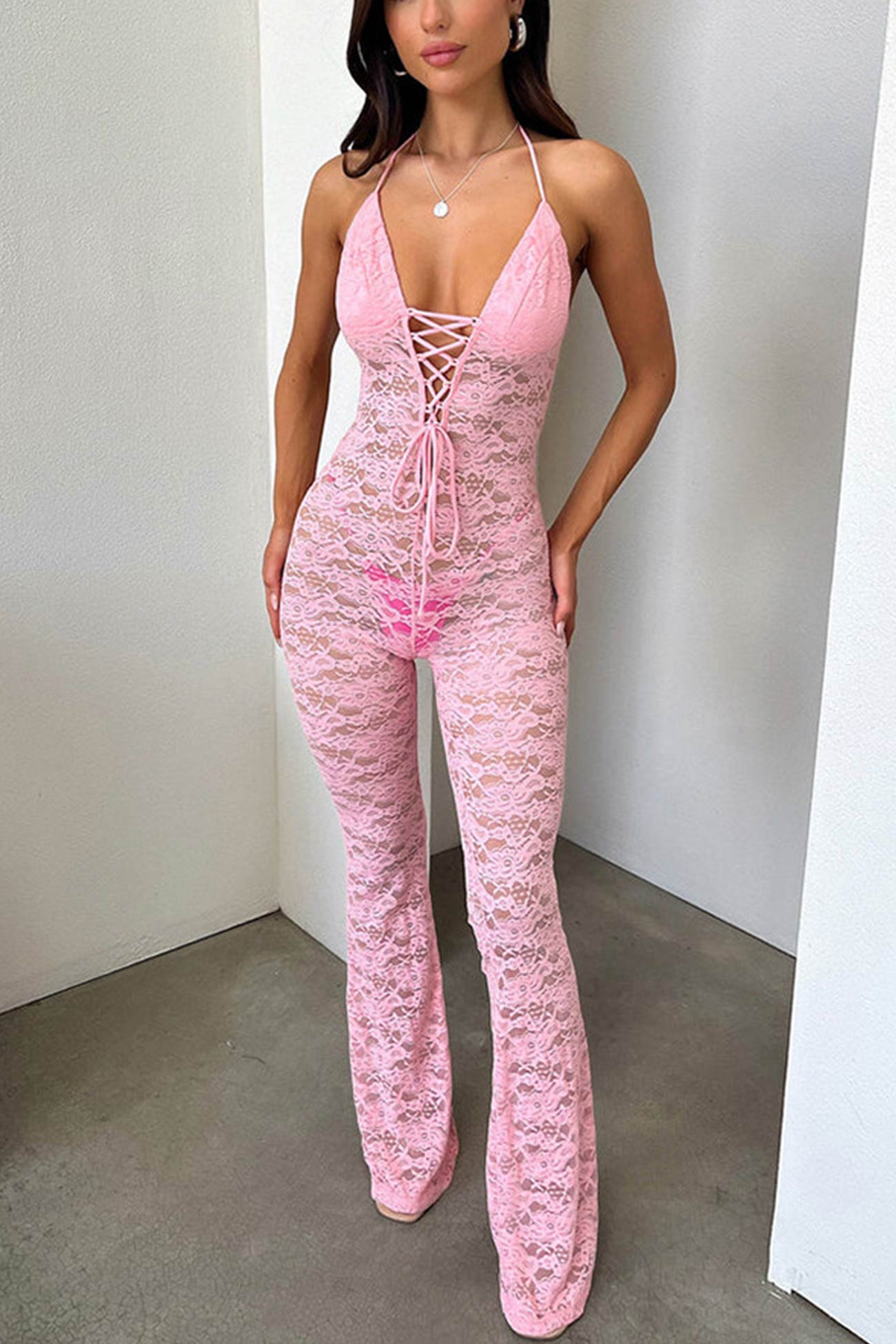 Lace Halterneck Tie-up Jumpsuits