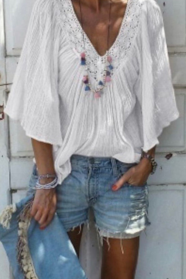 Ruffled V-neck Flared Blouse - Mislish