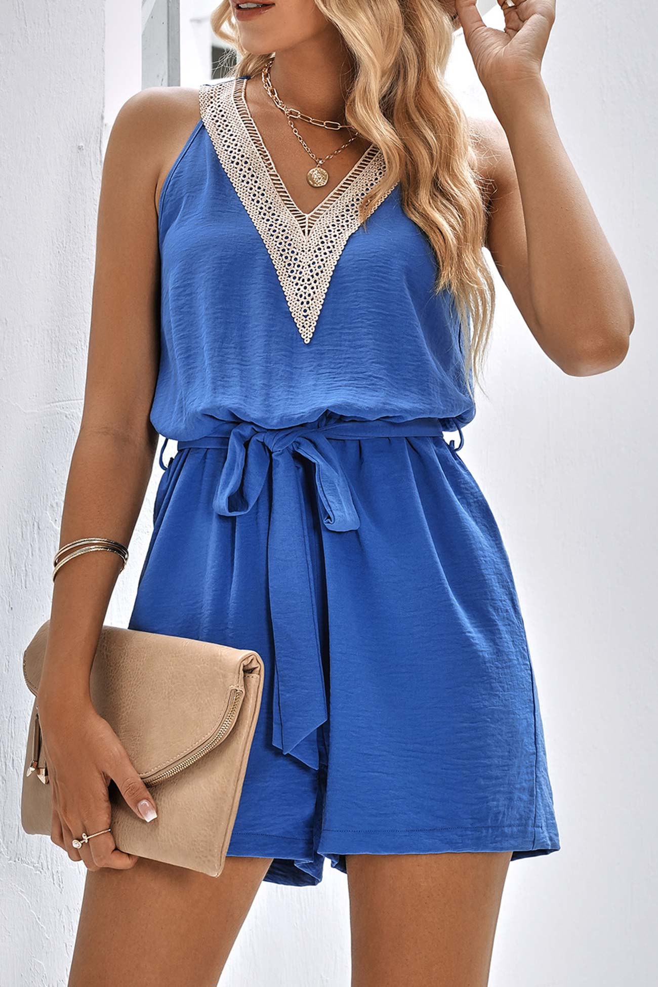 Lacework V Neck Tie-waist Rompers