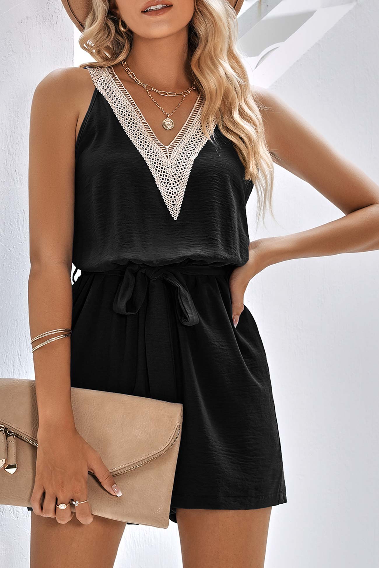 Lacework V Neck Tie-waist Rompers