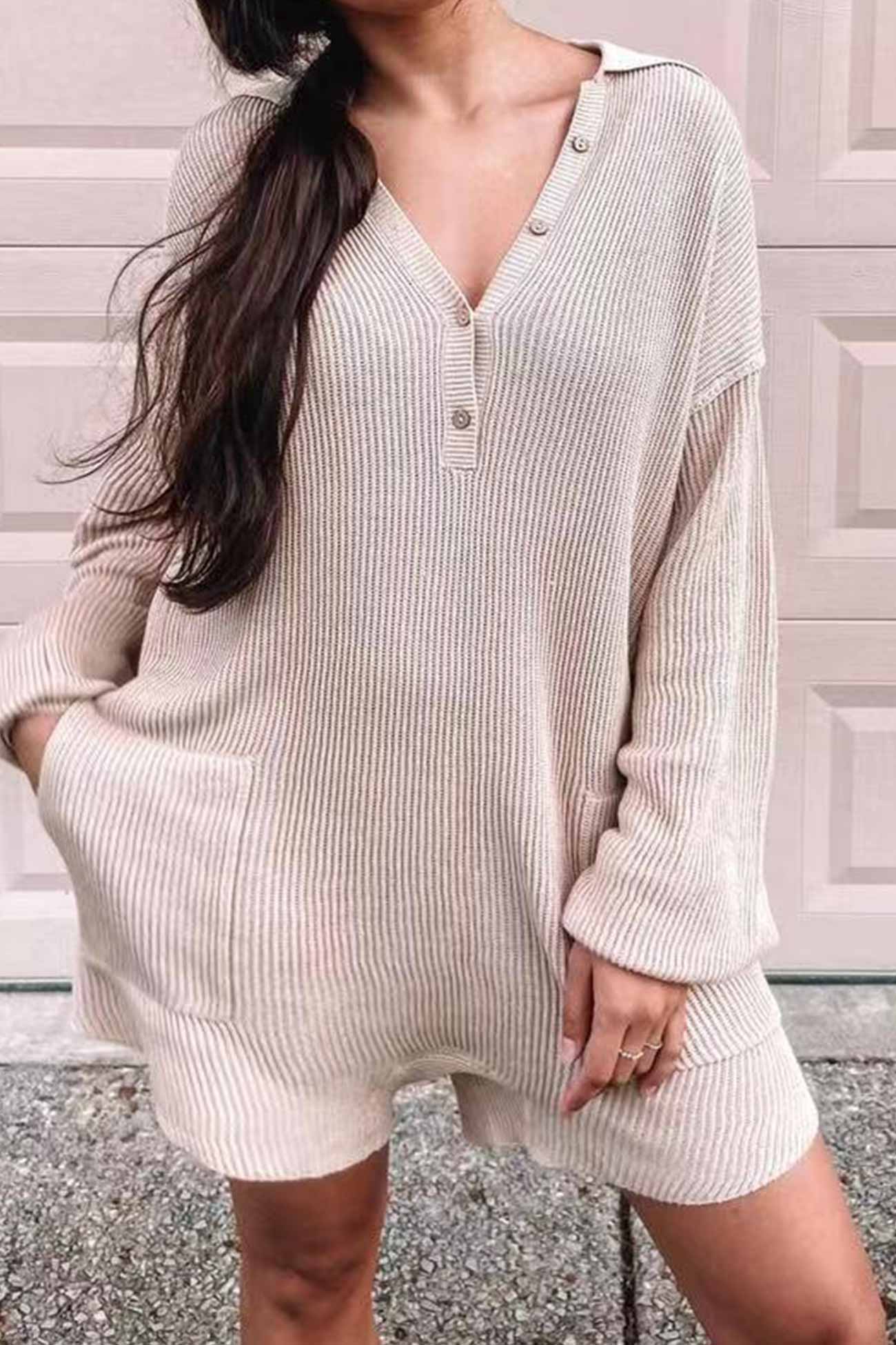 Lapel Long Sleeve Button-down Ribbed Rompers