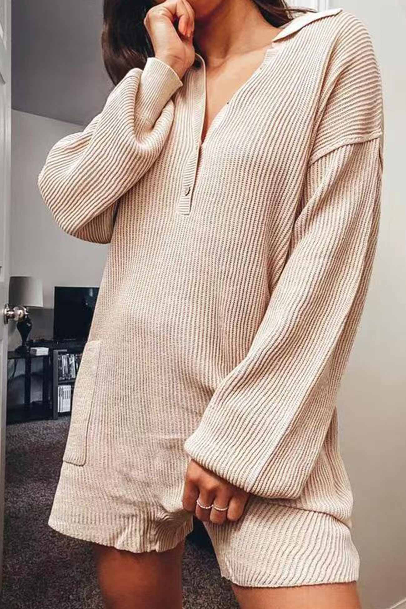 Lapel Long Sleeve Button-down Ribbed Rompers