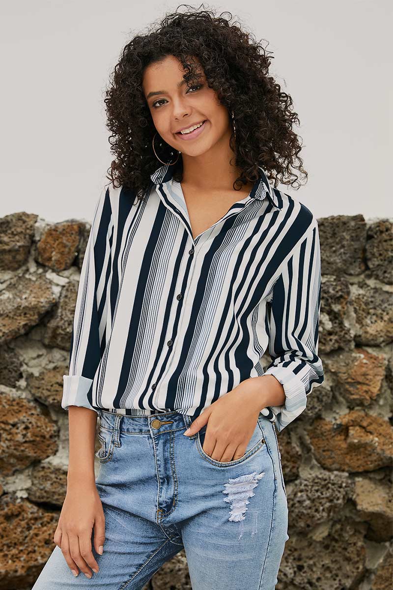 Lapel Single Breasted Striped Blouse