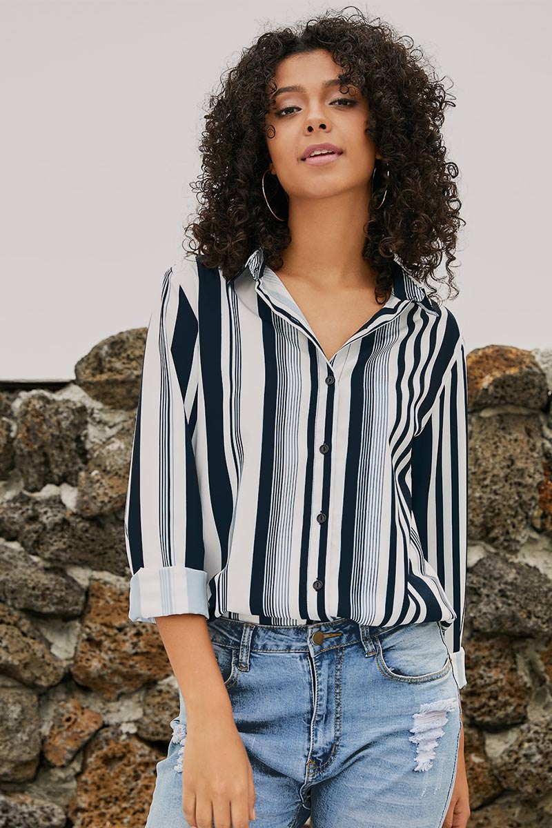 Lapel Single Breasted Striped Blouse - Mislish