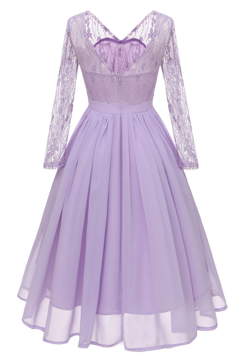 Lavender V-neck Lace A-line Prom Dress With Long Sleeves