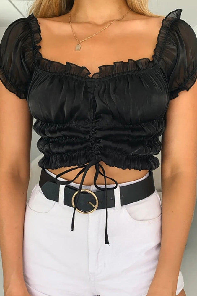 Layered Ruffles Drawstring Crop Top - Mislish