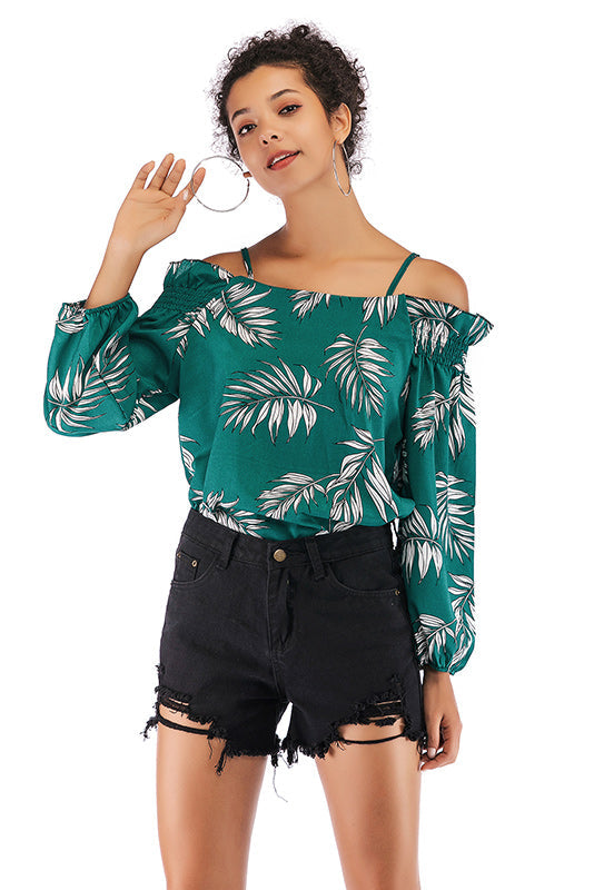 Leafy Print Off-the-shoulder Chiffon Blouse - Mislish