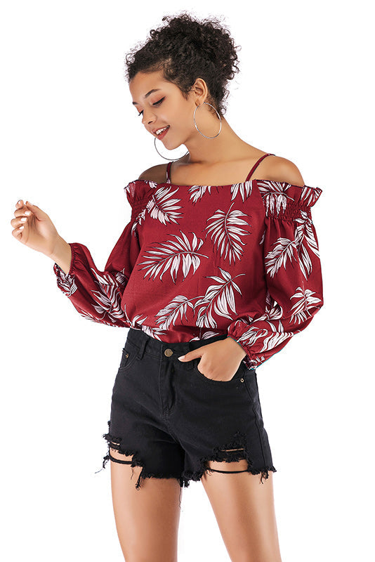 Leafy Print Off-the-shoulder Chiffon Blouse - Mislish