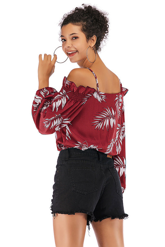 Leafy Print Off-the-shoulder Chiffon Blouse