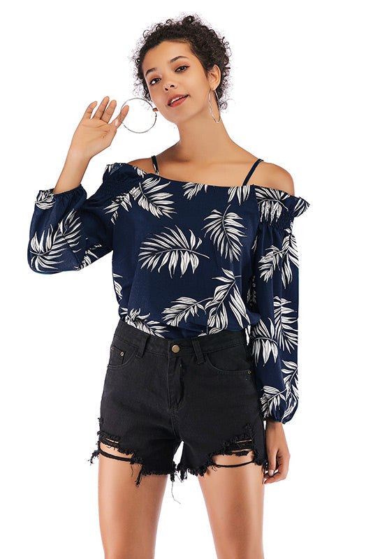 Leafy Print Off-the-shoulder Chiffon Blouse