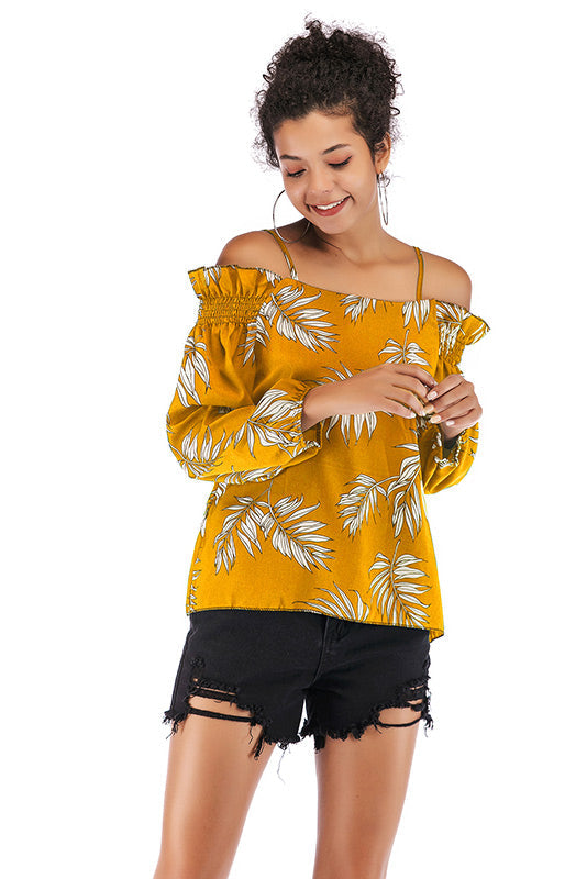 Leafy Print Off-the-shoulder Chiffon Blouse - Mislish