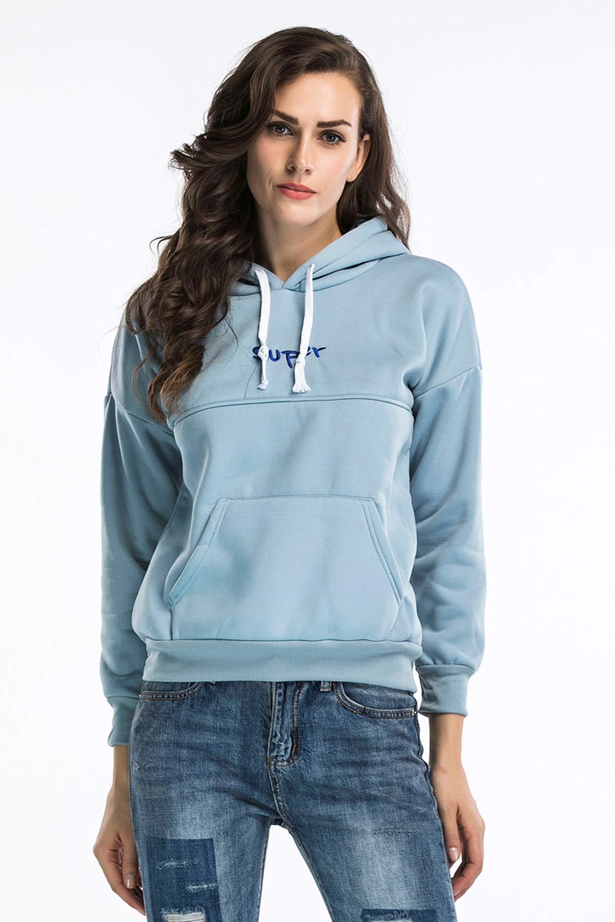 Letter Embroidered Hooded Pocket Sweatshirt - Mislish