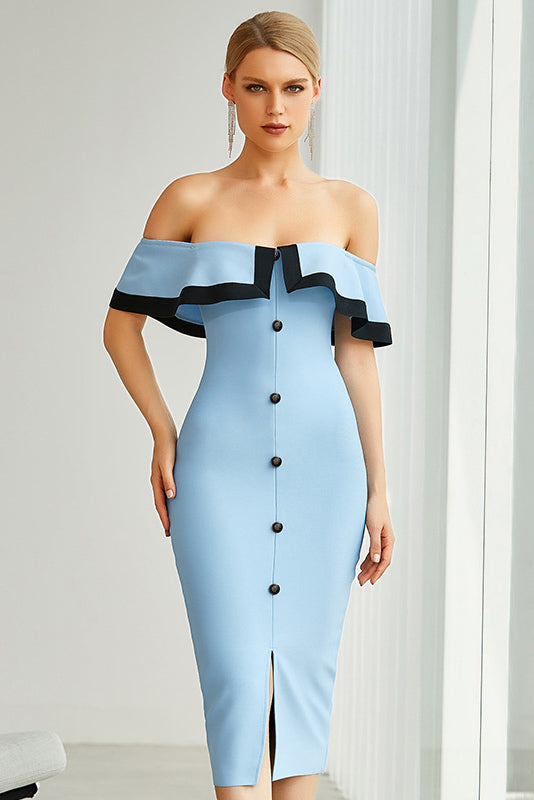 Light Sky Blue Off-The-Should Cocktail Bandage Dresses 