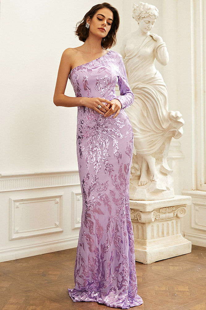 Lilac One Sleeve Prom Gown Formal Dress