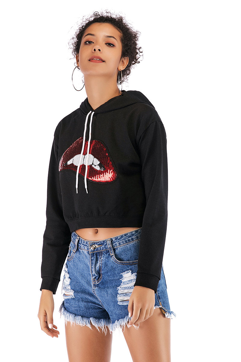 Lip Print Sequined Drawstring Crop Sweatshirt