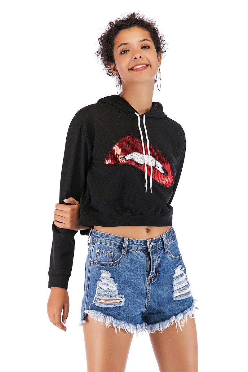 Lip Print Sequined Drawstring Crop Sweatshirt