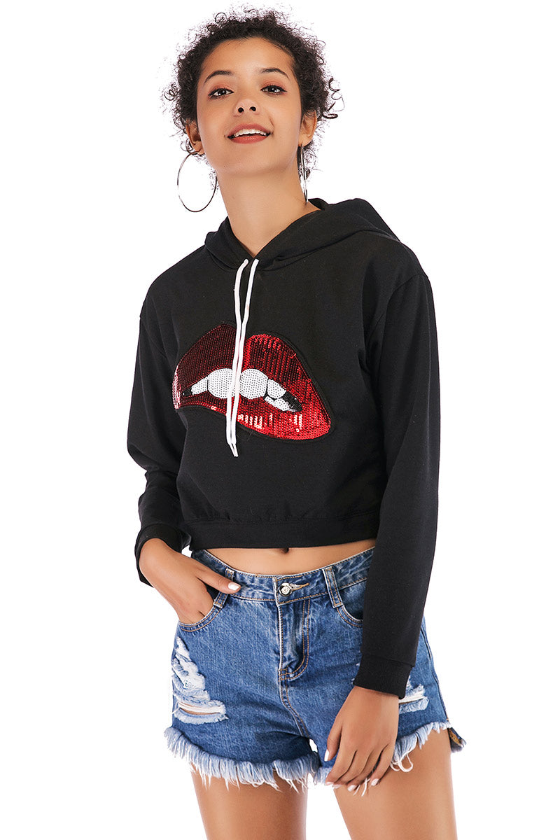 Lip Print Sequined Drawstring Crop Sweatshirt - Mislish