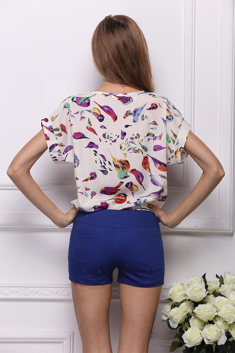 Little Fresh Bird Print Chiffon Blouse