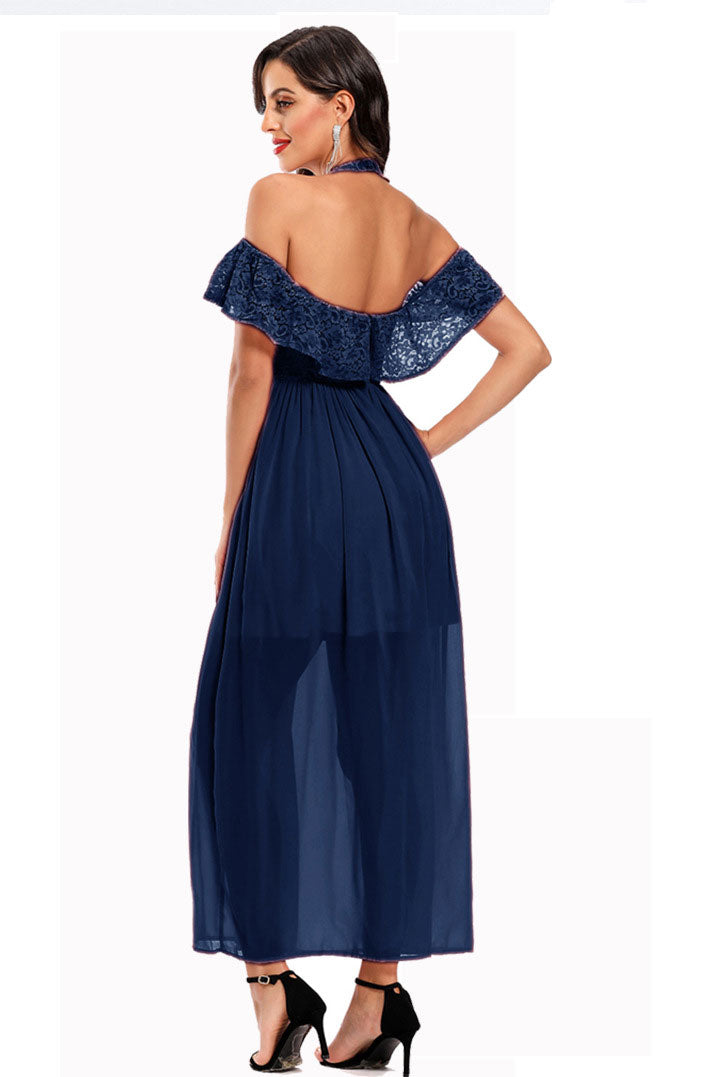 Long Dark Navy Halter Off-the-Shoulder Prom Party Dresses