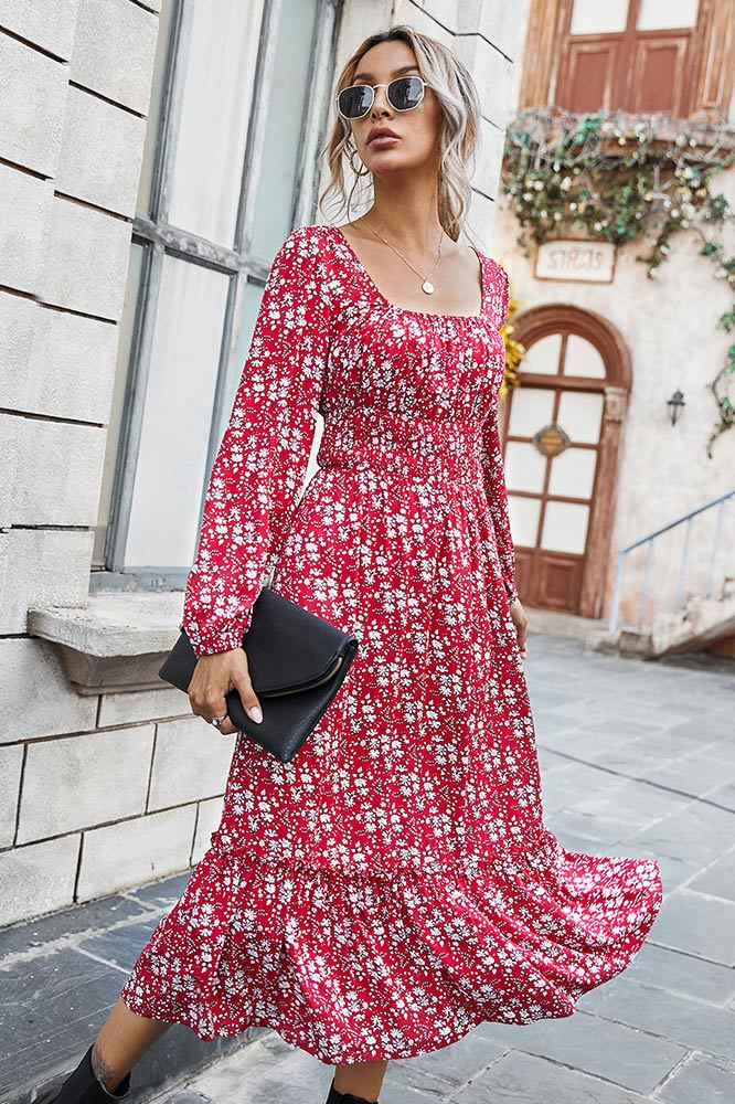 Long Sleeve Square Neck Midi Printed Dress