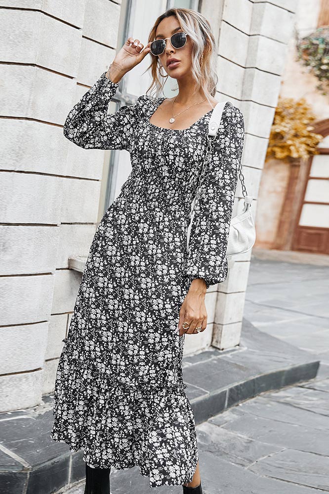 Long Sleeve Square Neck Midi Printed Dress