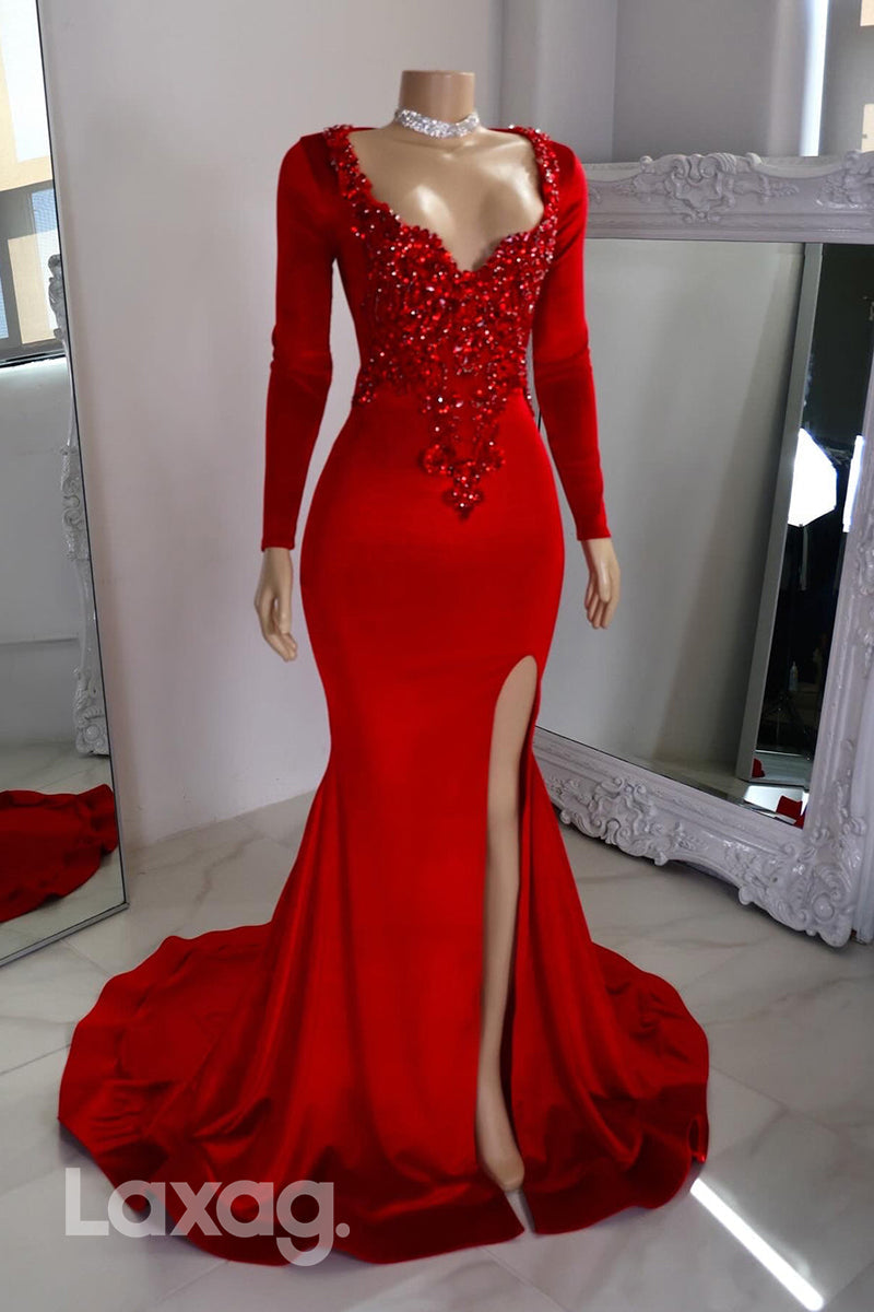 22532 - Long Sleeves Beaded Mermaid Prom Dresses for Black Girl Slay with Slit - Fashionpara