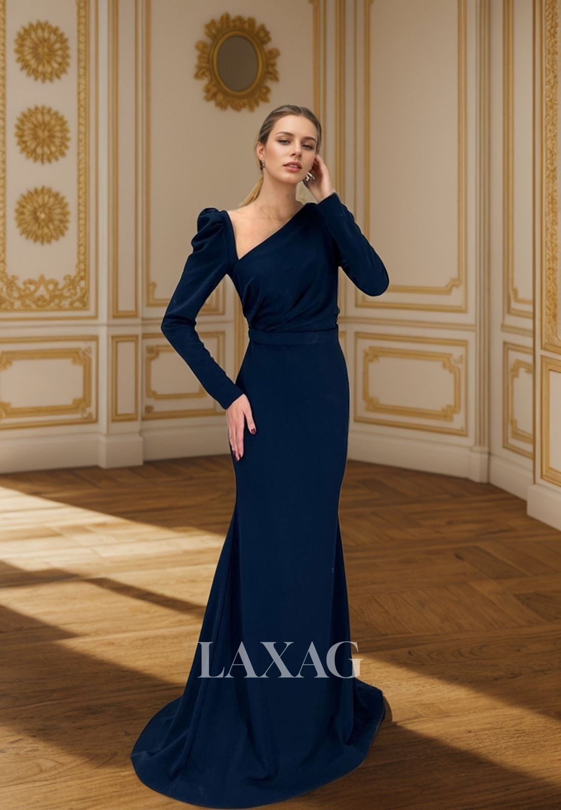 23165 - Long Sleeves Sleek Satin ElegantParty Prom Formal Evening Dress with Train - Fashionpara