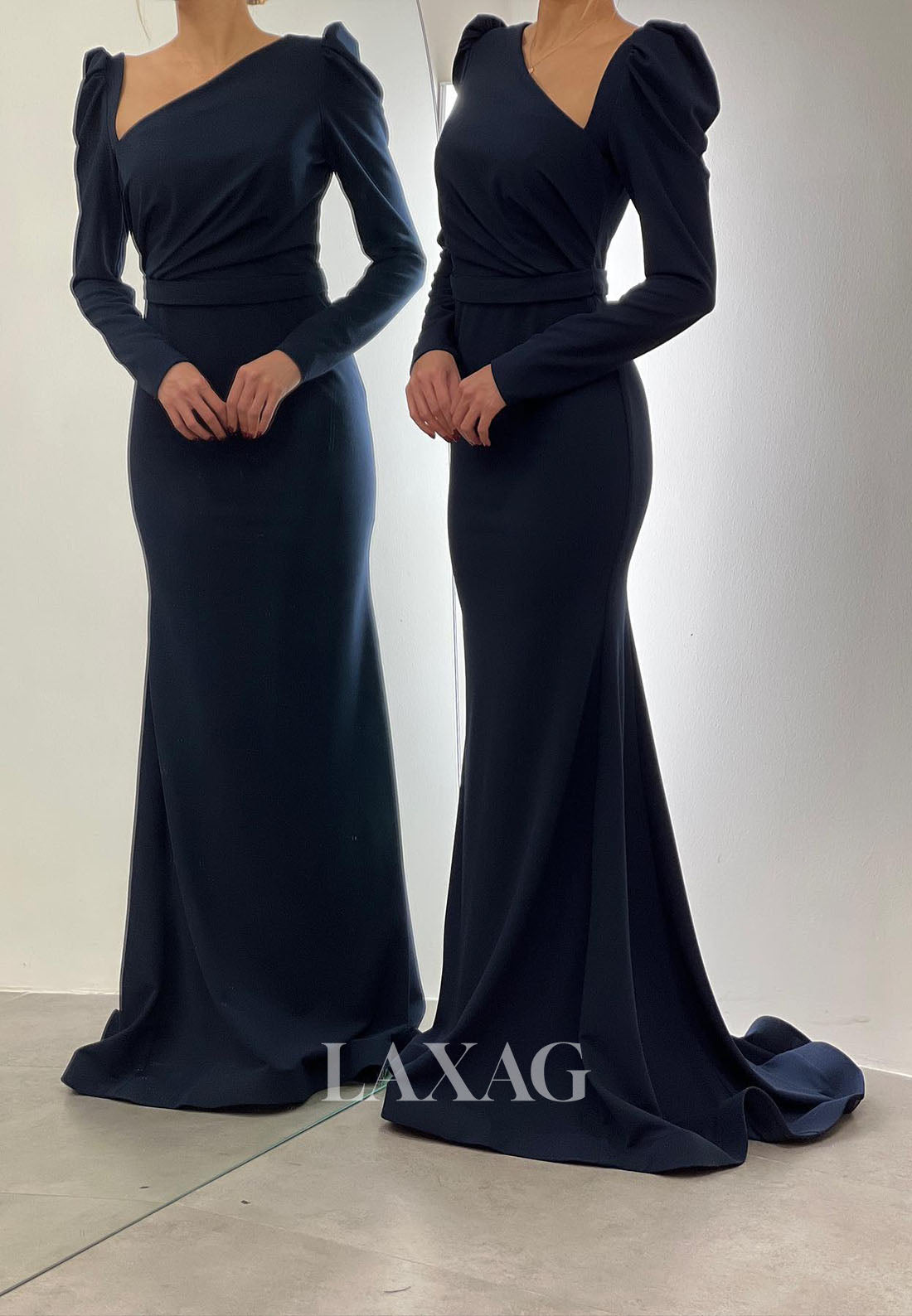 23165 - Long Sleeves Sleek Satin ElegantParty Prom Formal Evening Dress with Train - Fashionpara