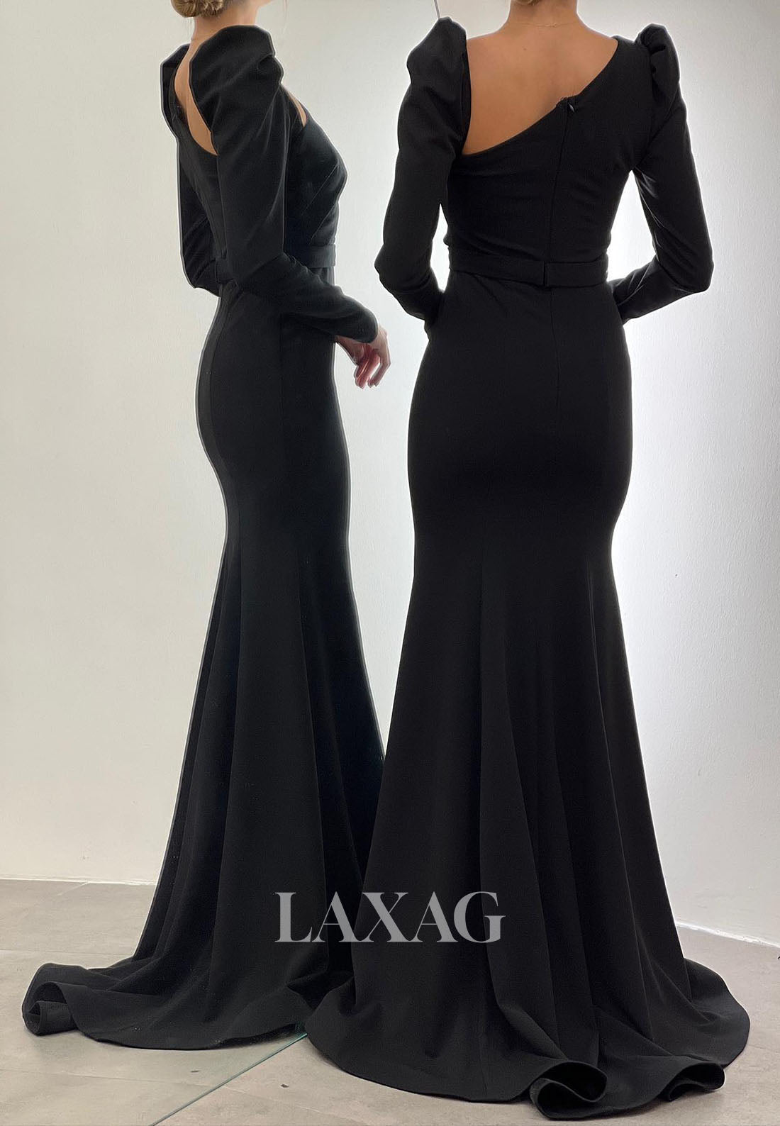 23165 - Long Sleeves Sleek Satin ElegantParty Prom Formal Evening Dress with Train - Fashionpara