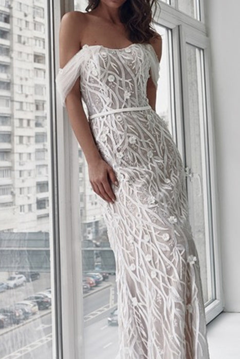 Long White Off-the-Shoulder Evening Gown Wedding Dress