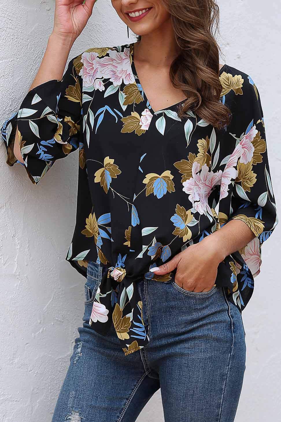 Loose Floral Knot Hem Chiffon Blouse - Mislish