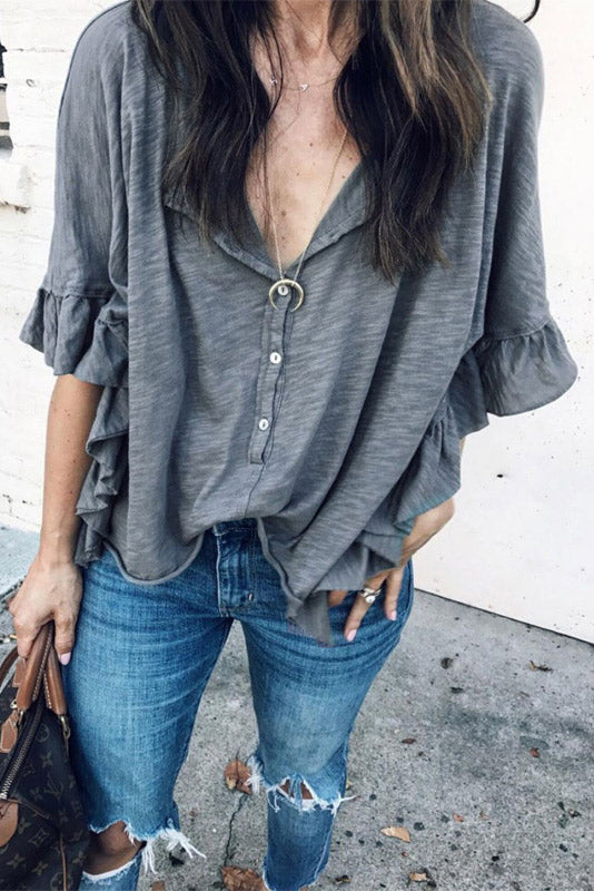 Loose Ruffle Sleeve Buttoned T-shirt