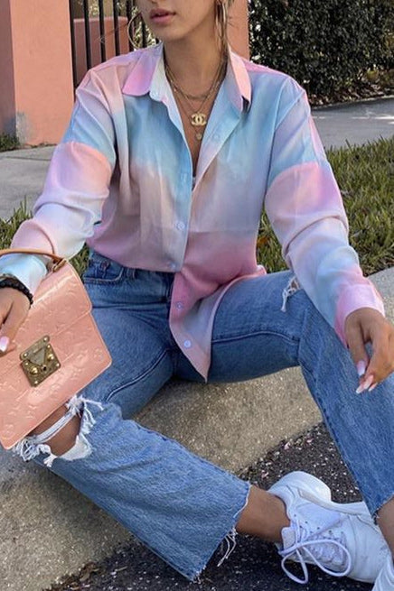 Loose Tie-dye Gradient Lapel Shirt