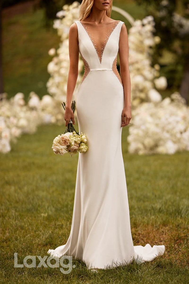 22663 - Low V-Neck Beaded illusion Sleek Satin Elegant Mermaid Wedding Dress - Fashionpara