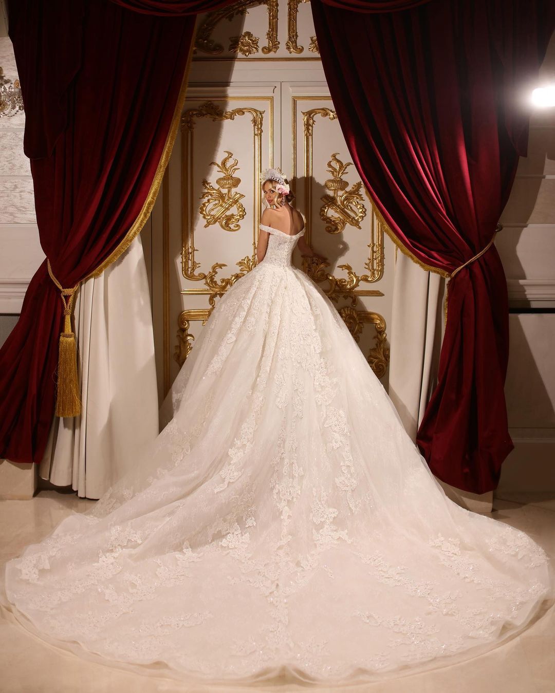 Opulent A-line Floor-Length Off-the-shoulder Embellished Beaded Wedding Gown with Train