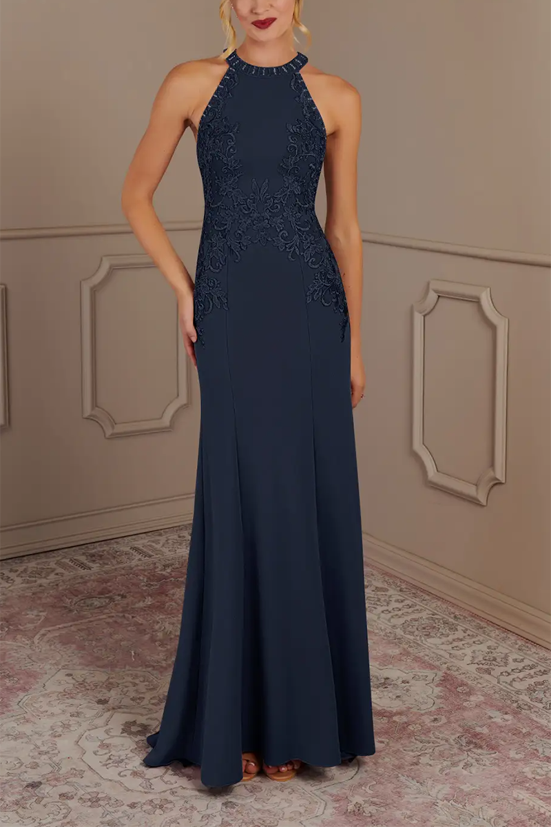 M6171 - Scoop Sleeveless Appliqued Chiffon A-Line Mother of the Bride Dress