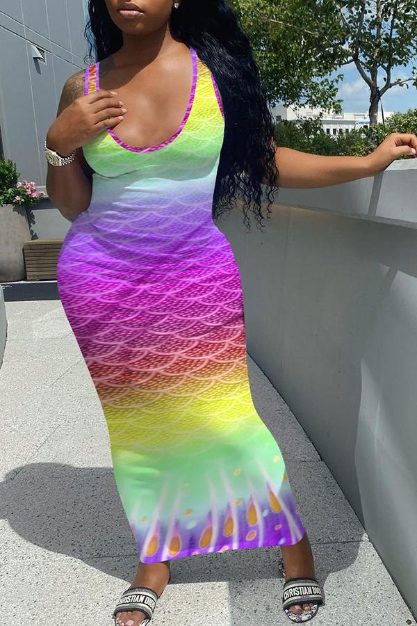 Gradient Color Sleeveless Mermaid Print Maxi Dress