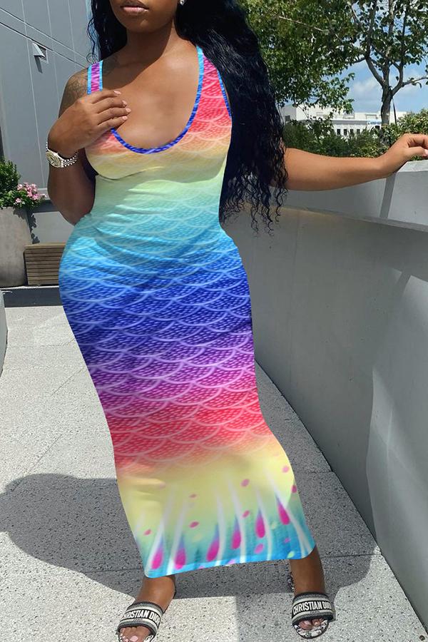 Gradient Color Sleeveless Mermaid Print Maxi Dress