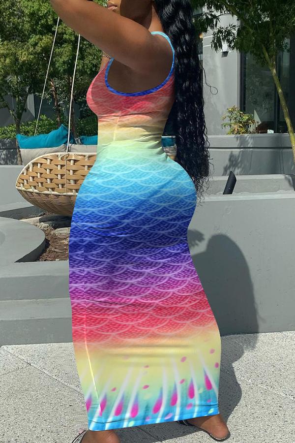 Gradient Color Sleeveless Mermaid Print Maxi Dress