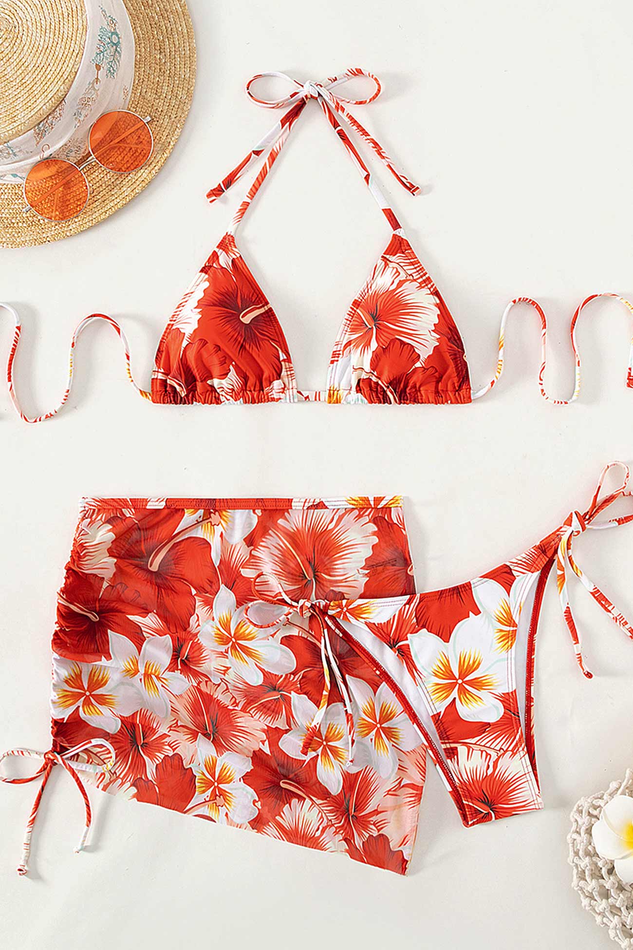 Mesh Floral Print Tie-up Three-Piece Bikini Suits