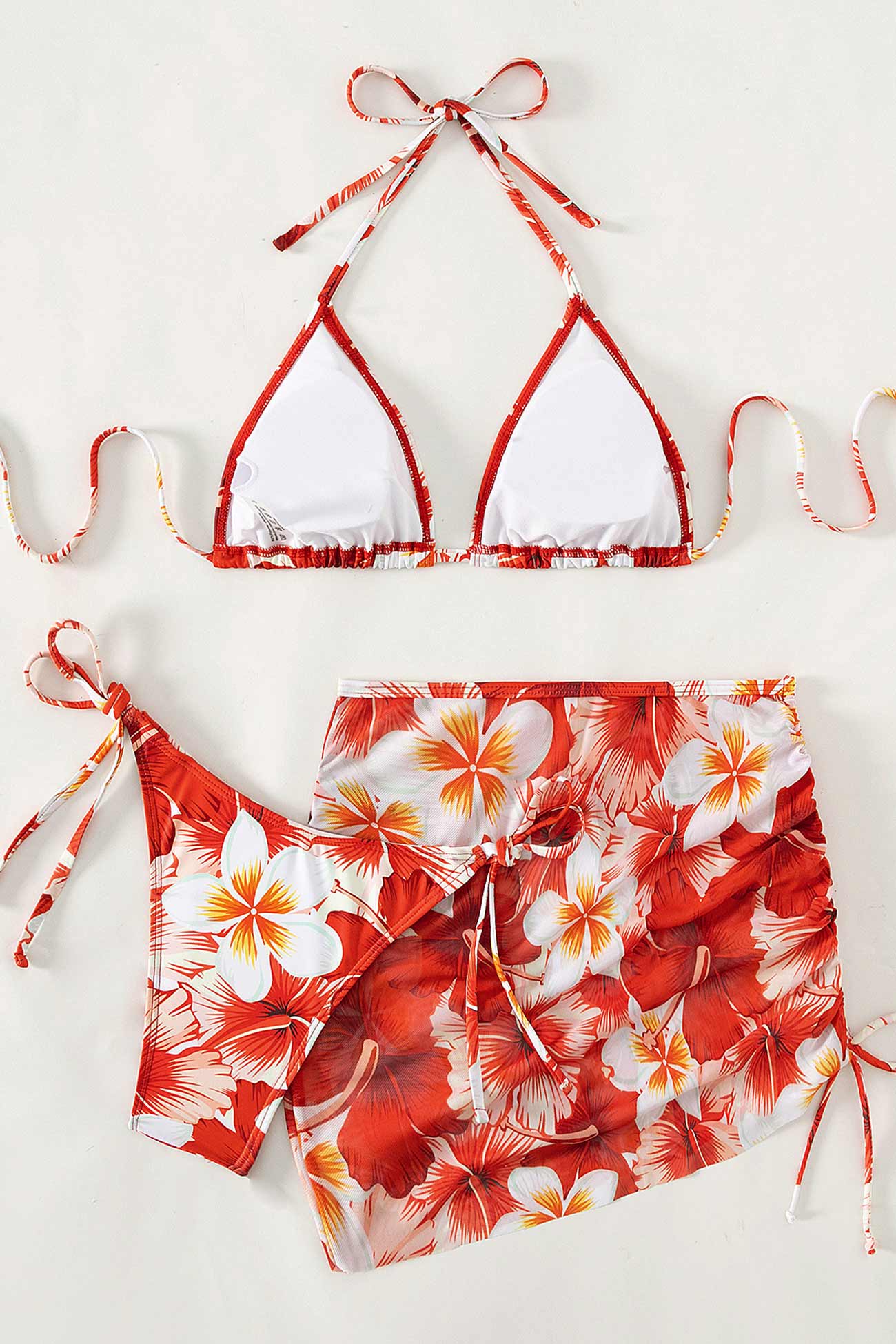 Mesh Floral Print Tie-up Three-Piece Bikini Suits