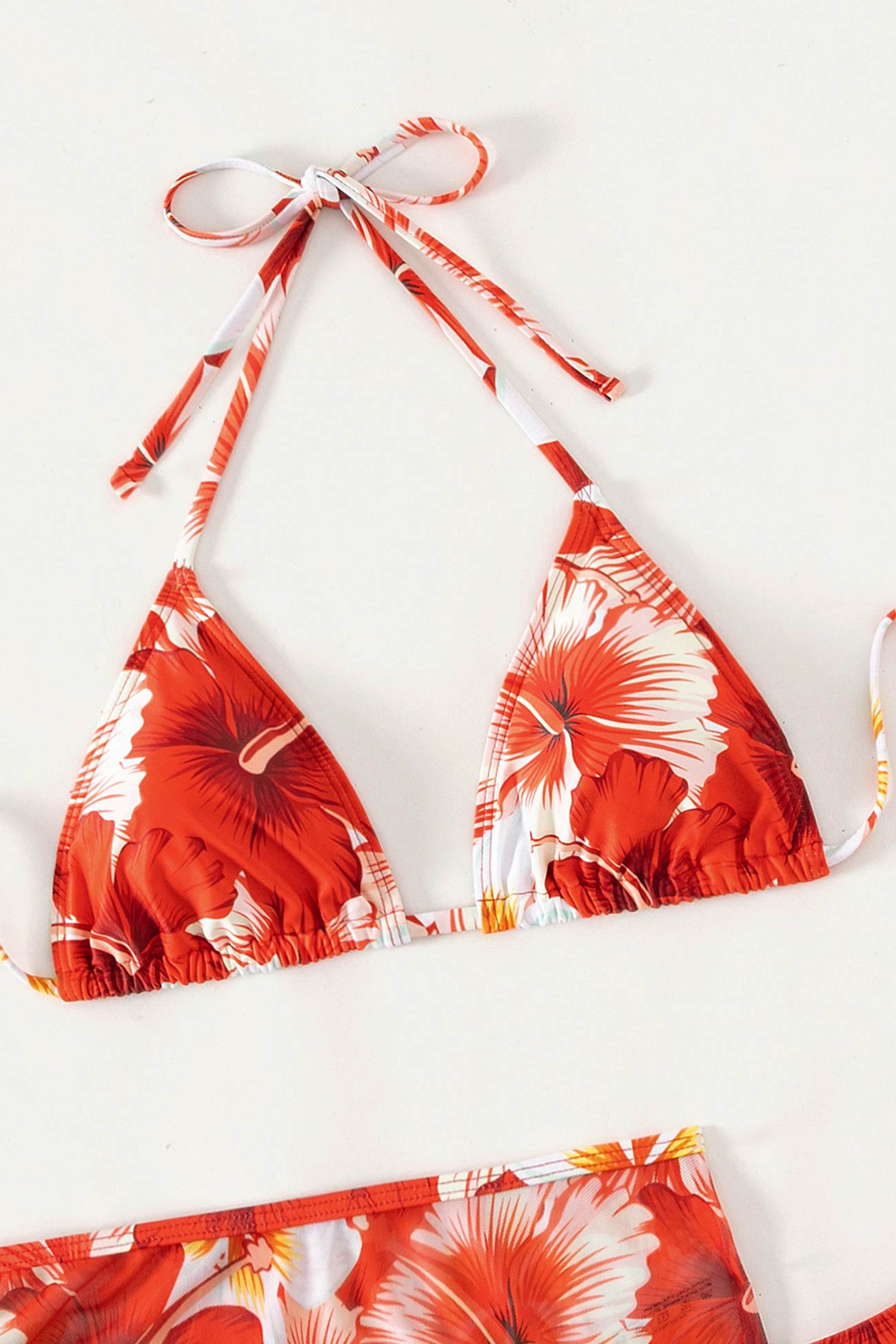 Mesh Floral Print Tie-up Three-Piece Bikini Suits