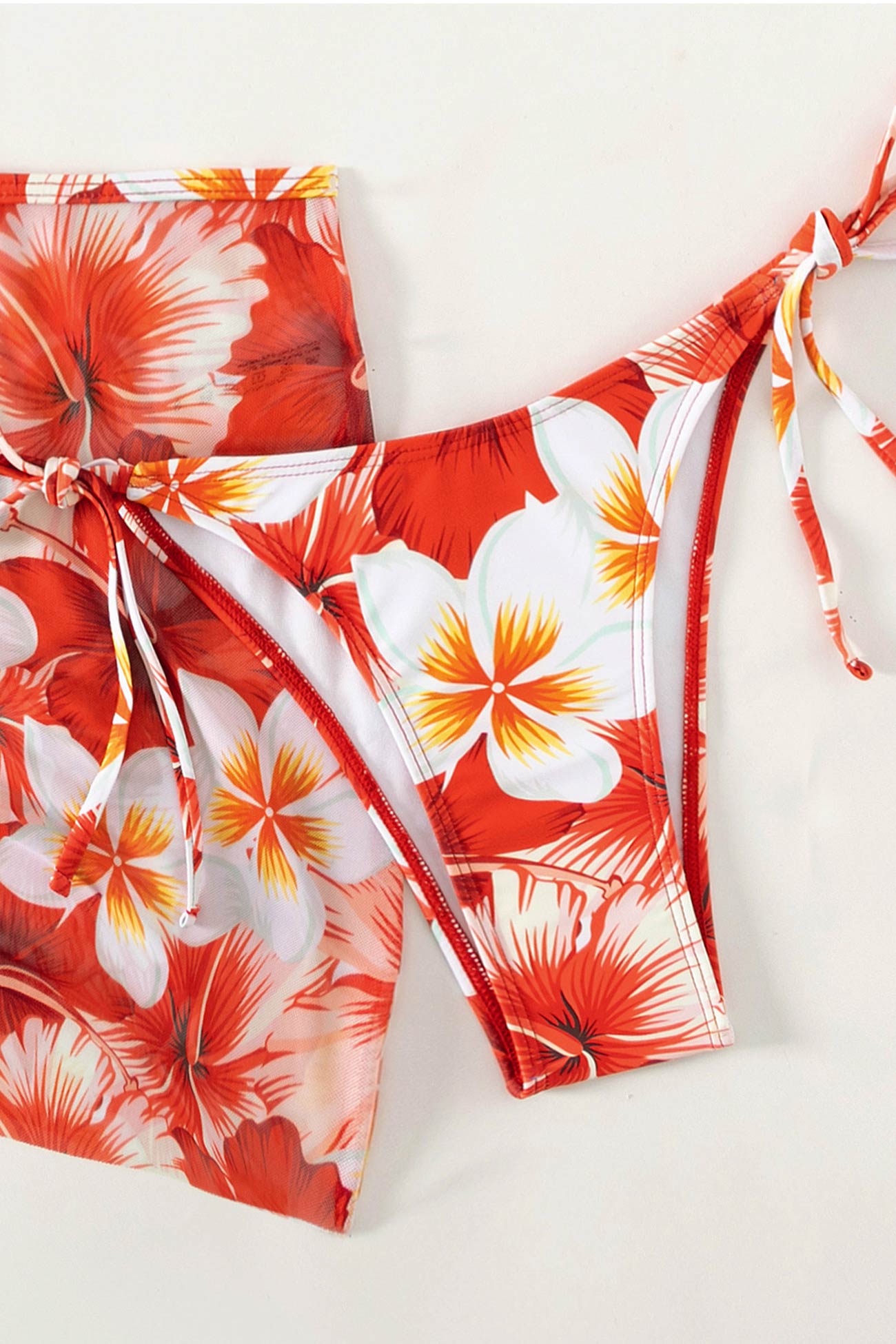 Mesh Floral Print Tie-up Three-Piece Bikini Suits