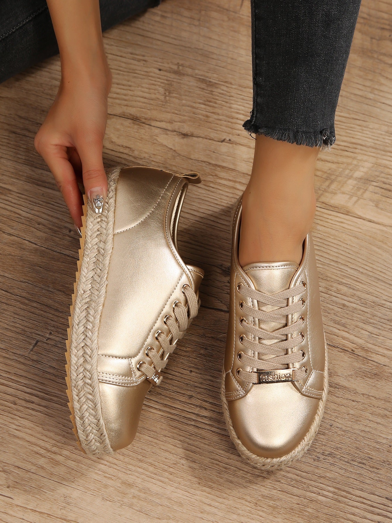 Gold twine braided bottom lace-up sneakers