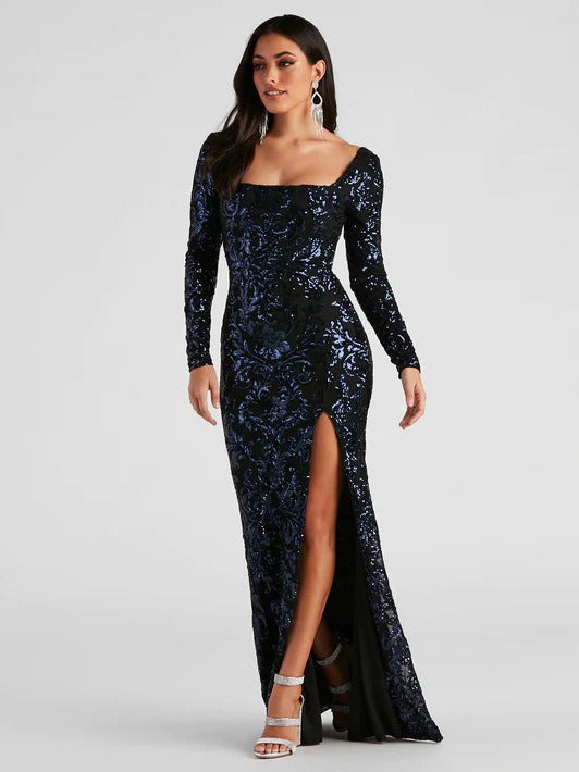 Backless Lace-Up Long Sleeve Sequin Party Dress - Fashionpara