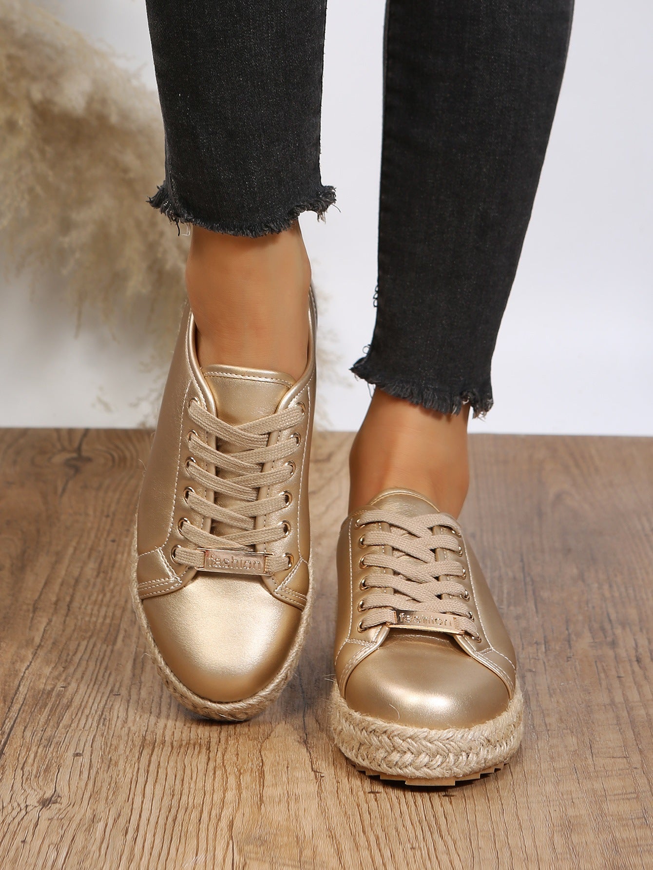 Gold twine braided bottom lace-up sneakers